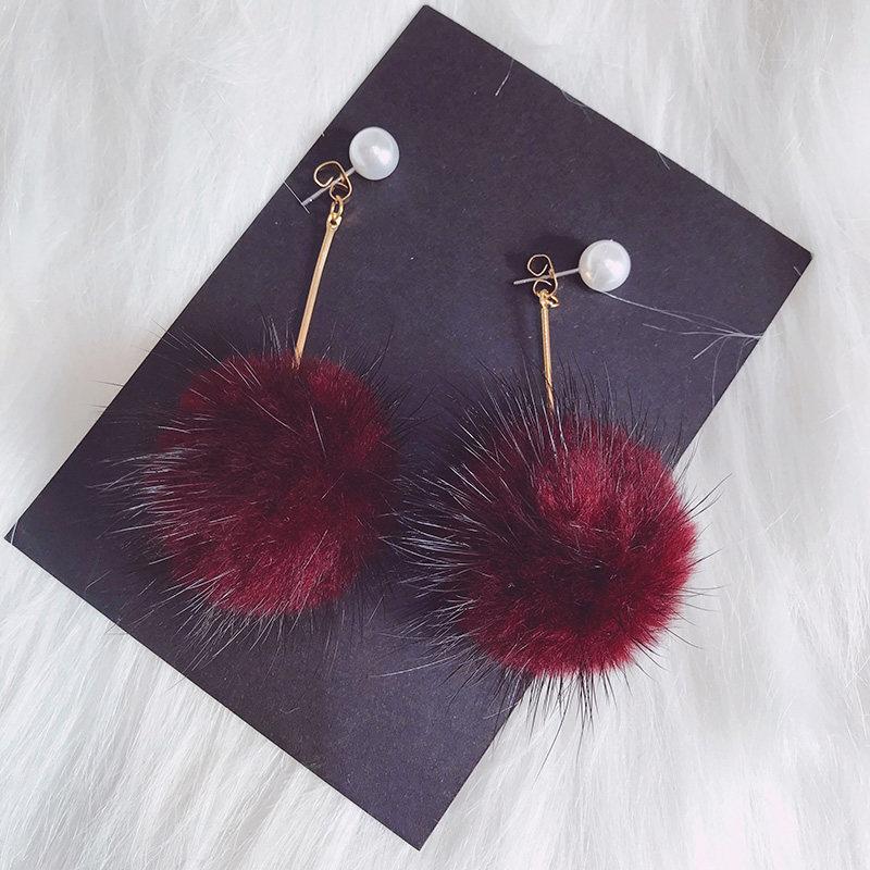 Fancy Fuzz Ball Drop Earrings-Red-Theone Apparel