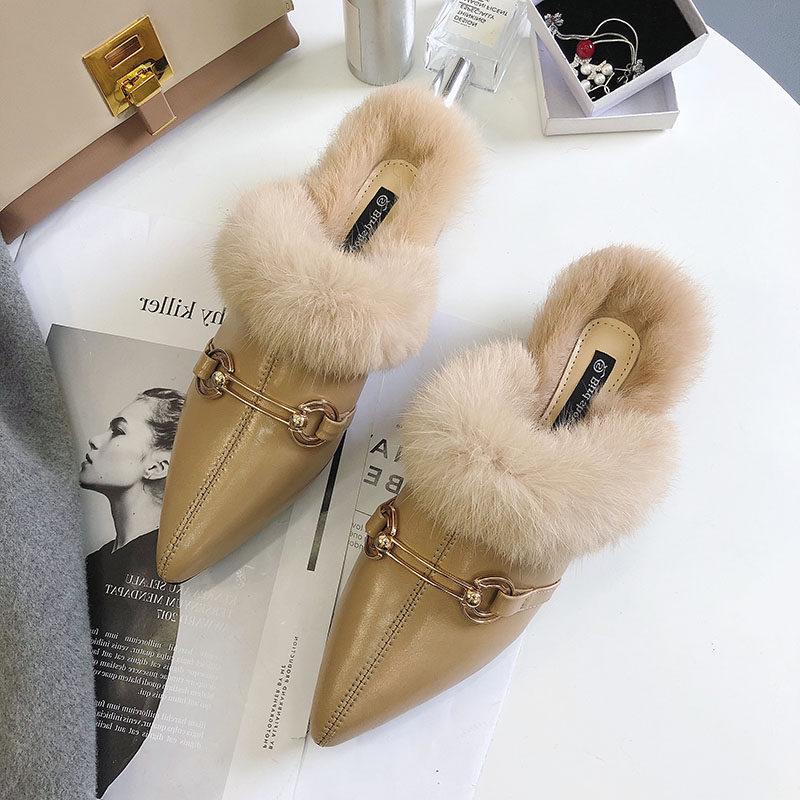 Faux Fur Lined Buckle Flats-Khaki-Theone Apparel