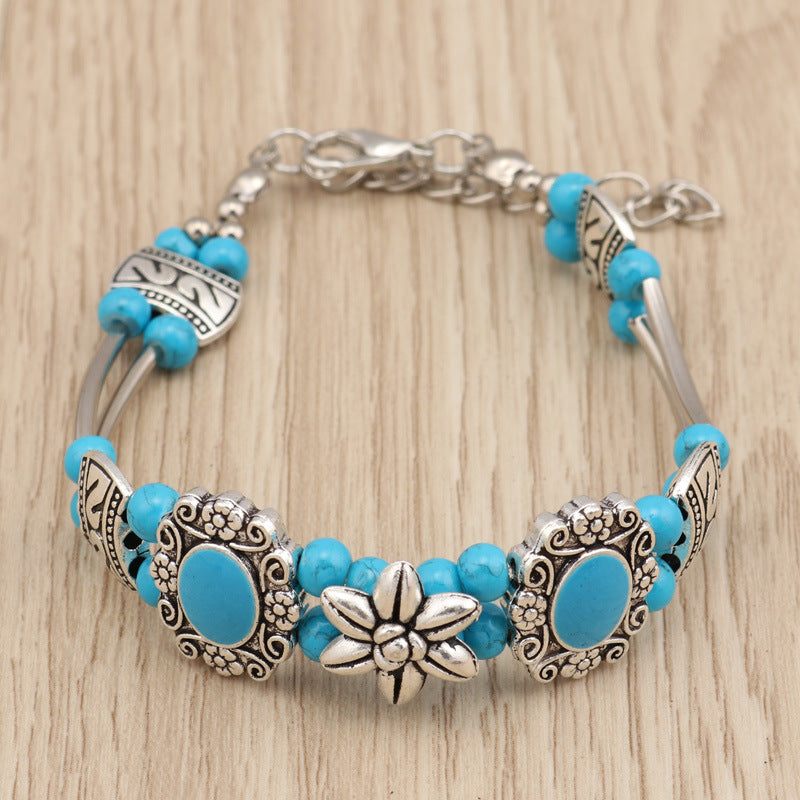 Floral Beaded Metal Bracelet-Blue-Theone Apparel