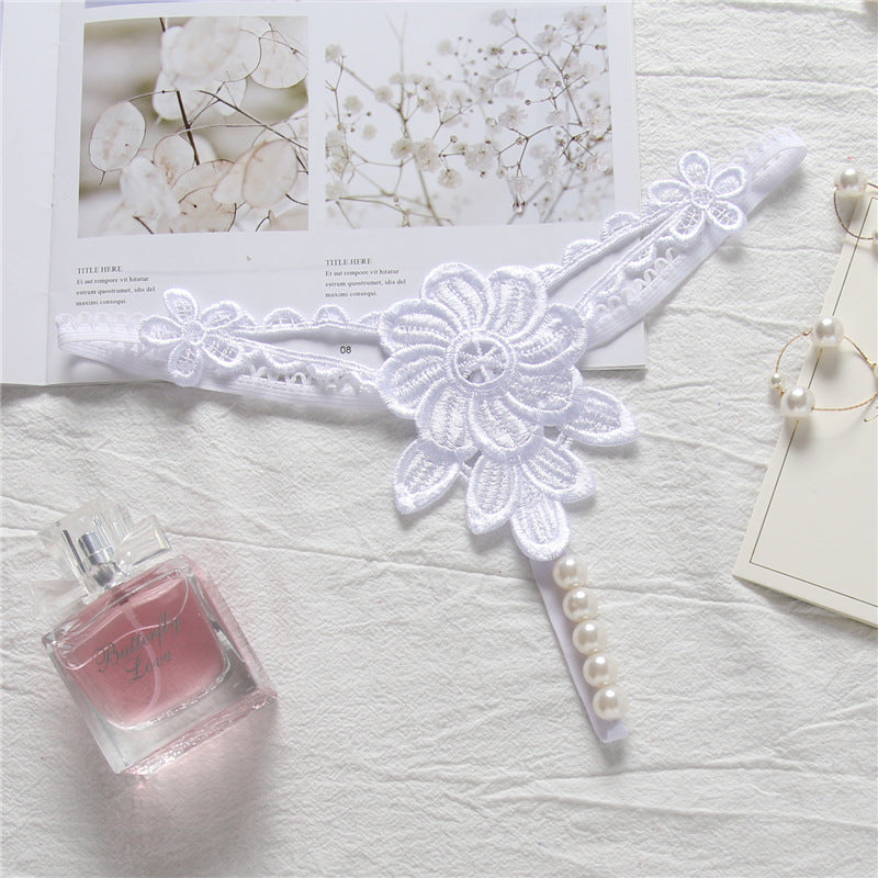 Flower Applique Pearl Strand G String-White-Theone Apparel