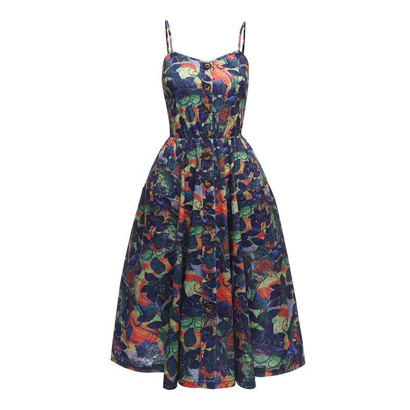 Flower Print Button Up Summer Dress-Black/Red-Theone Apparel