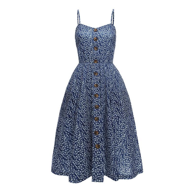 Flower Print Button Up Summer Dress-Dark Blue-Theone Apparel