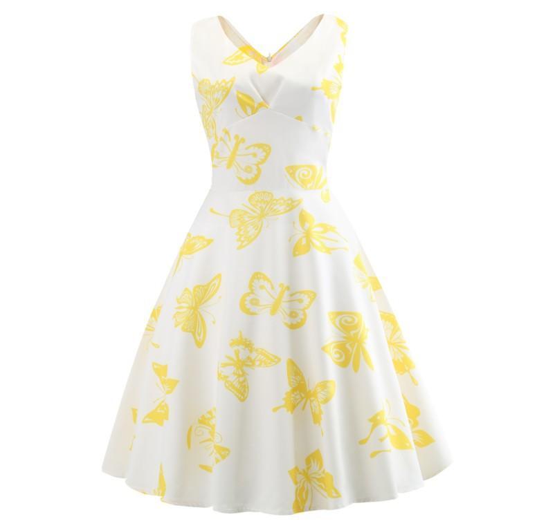 Fruit Print Pleat Front A Line Dress-Yellow-Theone Apparel