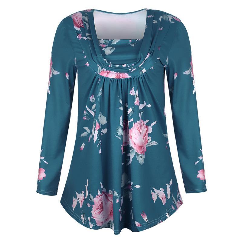 Ruched Collar Floral Print Blouse