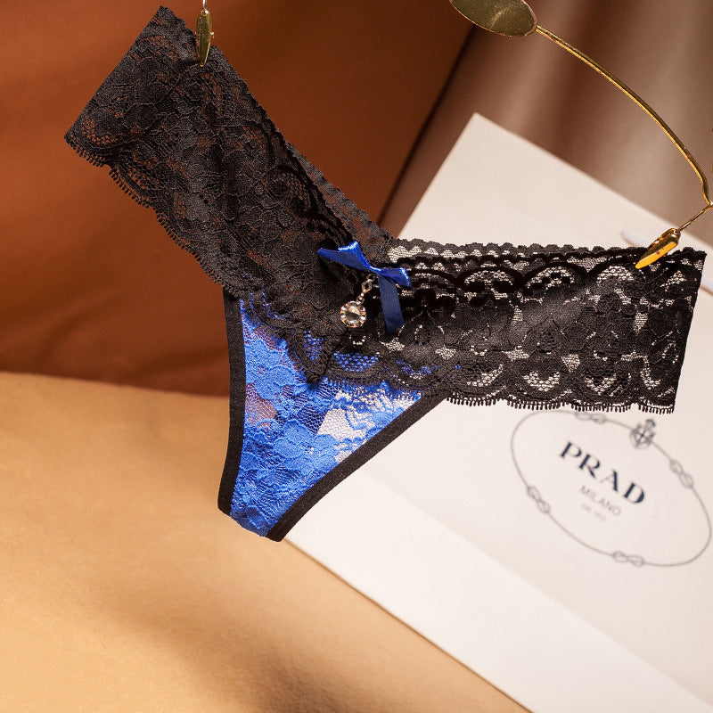 High Waist Lace and Bows Thong with Jewels-Blue-Theone Apparel
