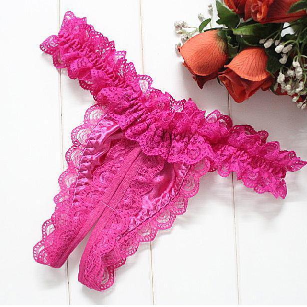 High-Waisted Ruffly Lace Crotchless Thong-Hot Pink-Theone Apparel