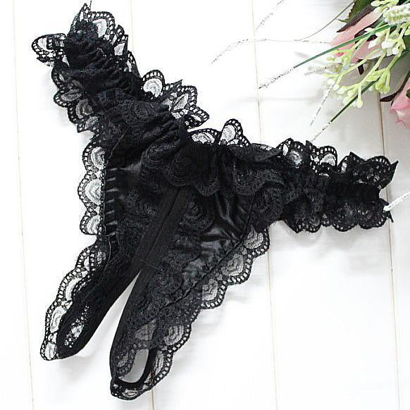 High-Waisted Ruffly Lace Crotchless Thong-Black-Theone Apparel