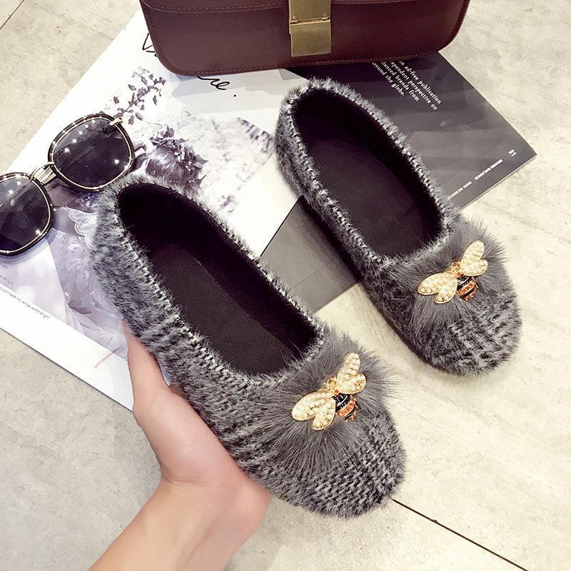 Houndstooth Fur Trim Bumblebee Flats-Black-Theone Apparel