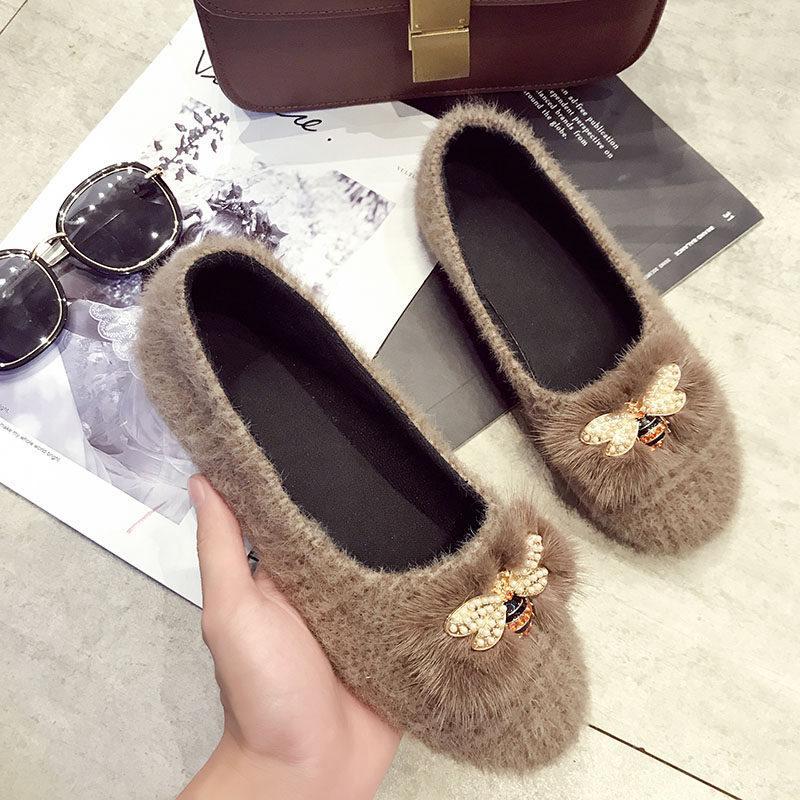 Houndstooth Fur Trim Bumblebee Flats-Khaki-Theone Apparel