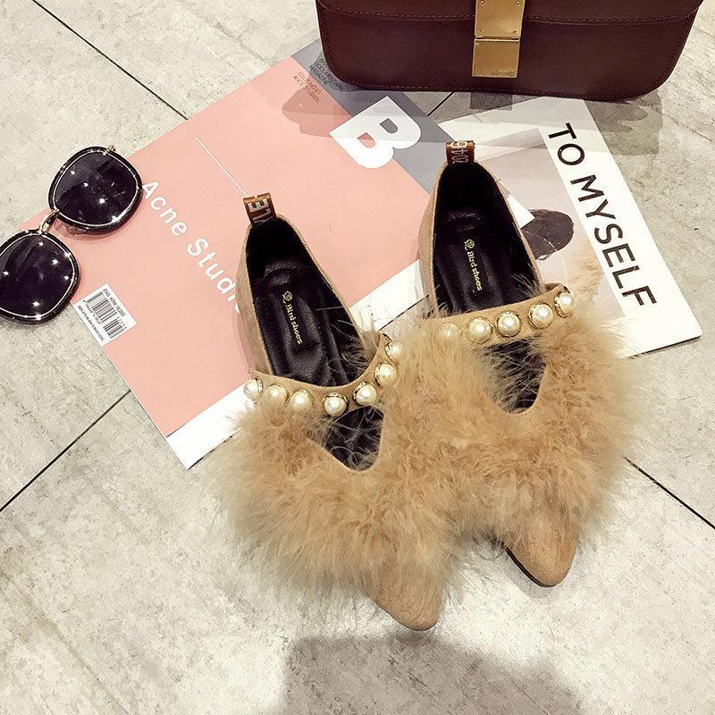 Furry Pearl Trim Fashion Flats