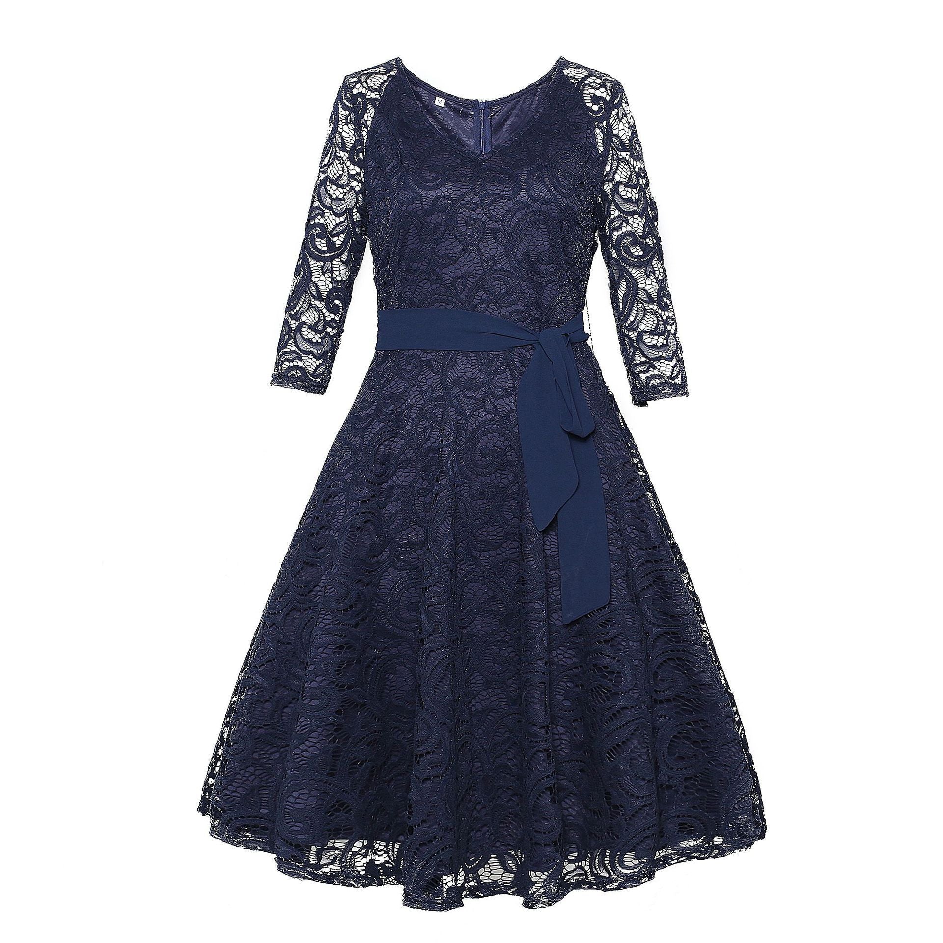 Lace Illusion Sleeve Cocktail Dress-Dark Blue-Theone Apparel