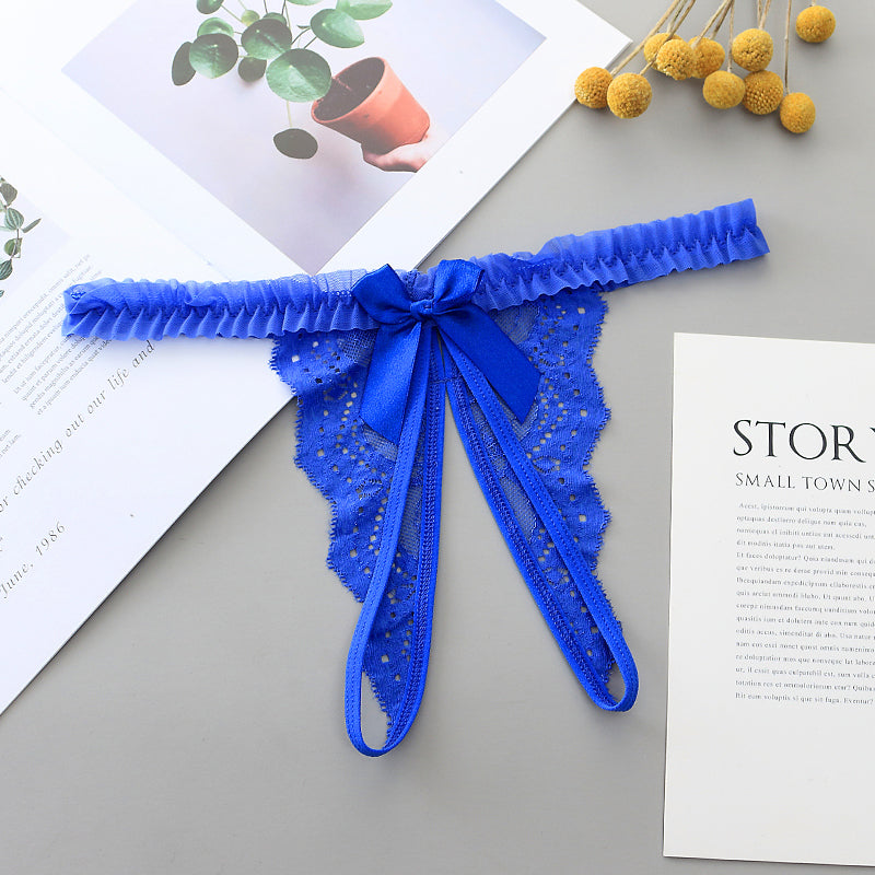 Lace and Bow Butterfly Style Cutout Thong-Blue-Theone Apparel