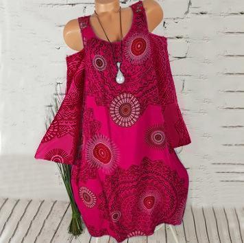 Medallion Print Cold Shoulder Dress-Red-Theone Apparel