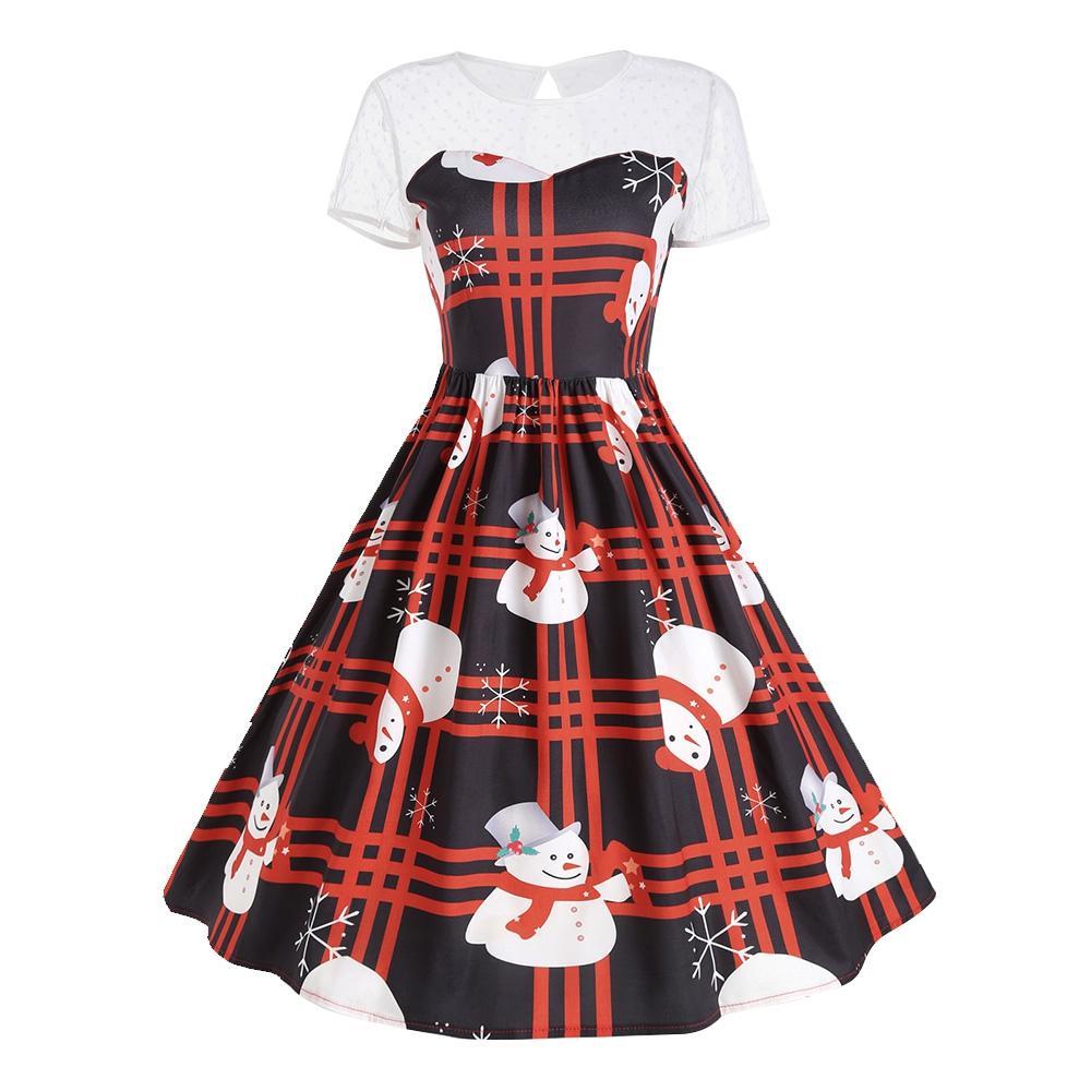 Mesh Panel Plaid Snowman Dress