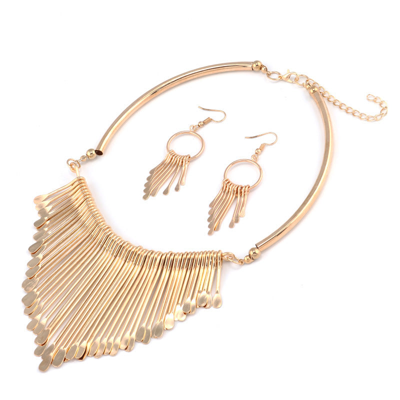 Metallic Tassel Necklace Set-Gold-Theone Apparel