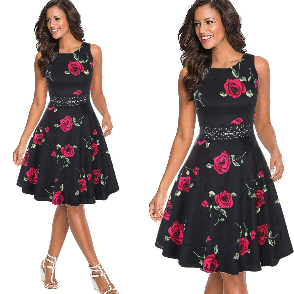 Roses High Neck Sleeveless Dress