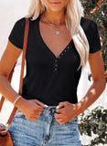 V-Neck Short Sleeve Tshirt with Small Buttons