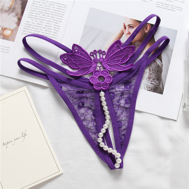 Pearl String and Butterfly Embroidery Thongs-Purple-Theone Apparel