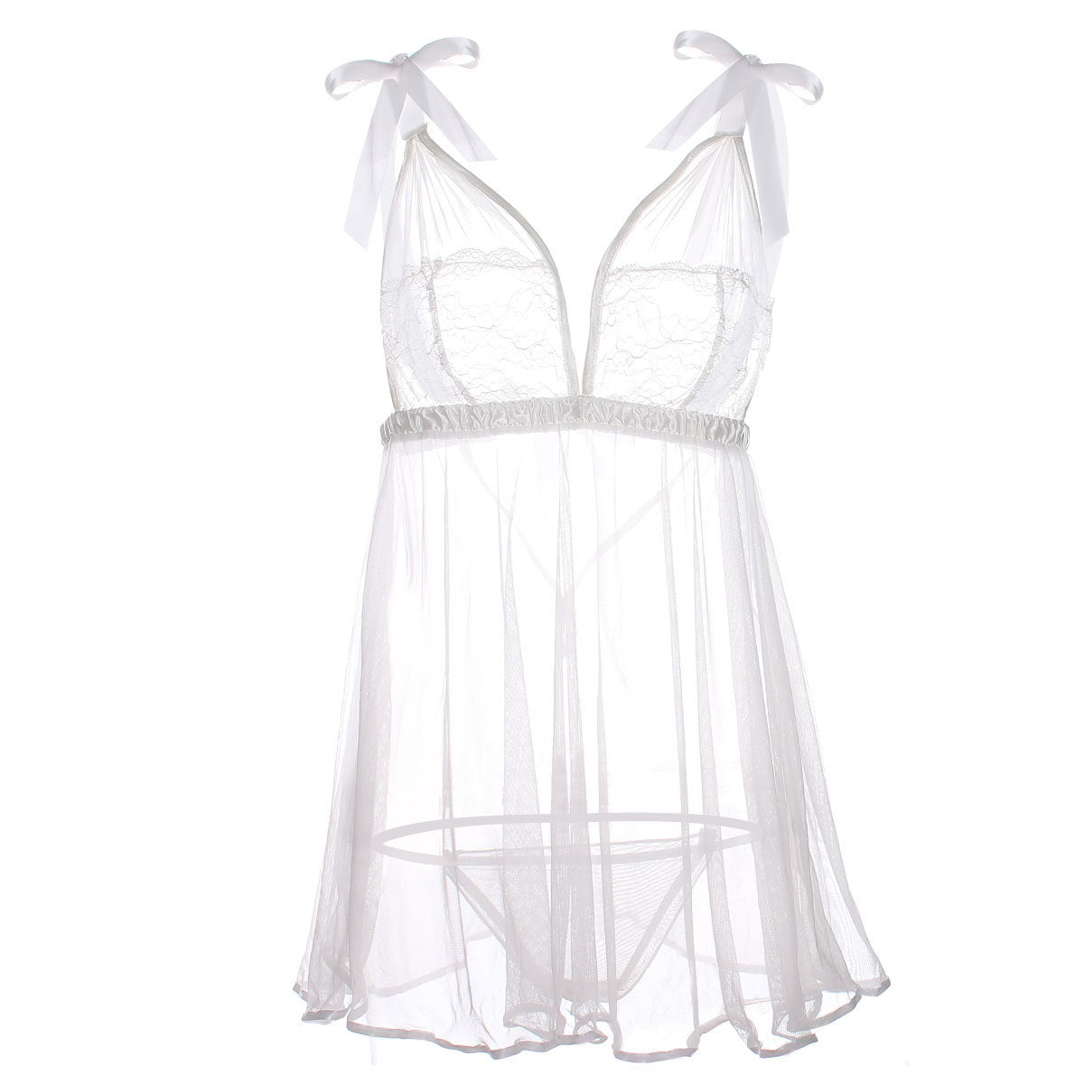 Peekaboo Pleats Bow Strap Babydoll-White-Theone Apparel