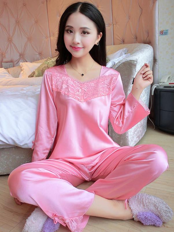 Flower Lace Satin Pajamas Set