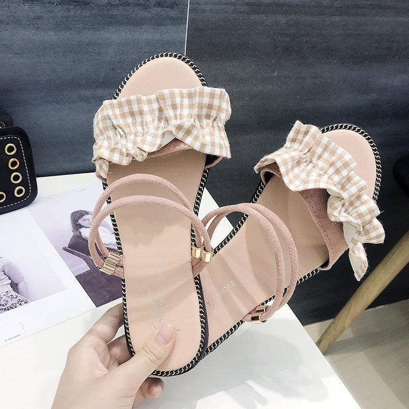 Gingham Print Ruffle Strap Flats