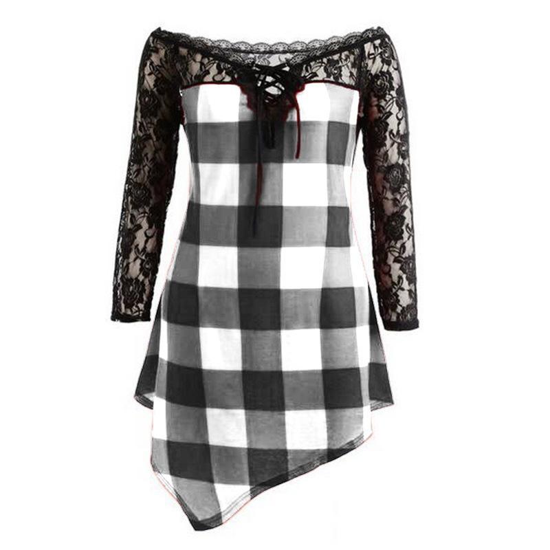 Plaid Checker Lace High Low Shirt-Black-Theone Apparel