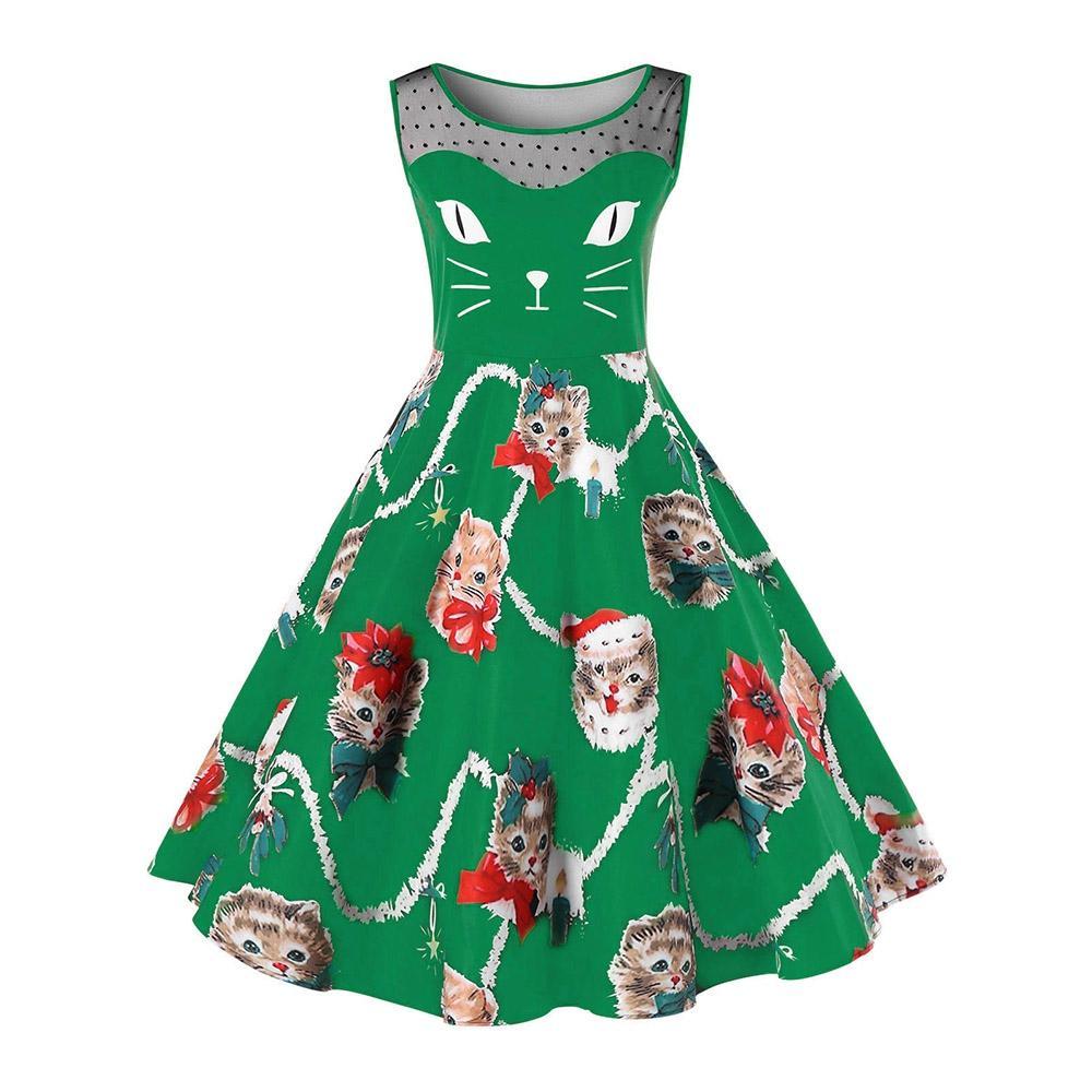Plus Size Christmas Kitten Dress-Green-Theone Apparel