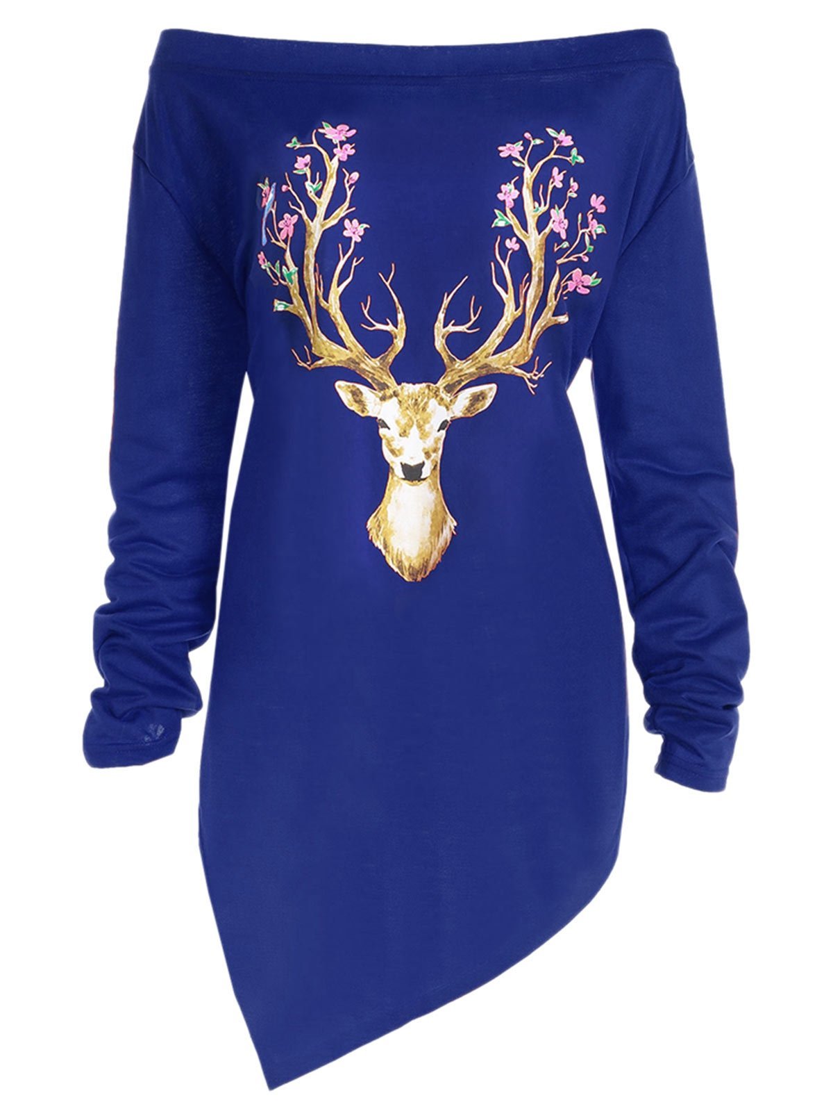 Plus Size Christmas Reindeer Asymmetrical Tee-Blue-Theone Apparel