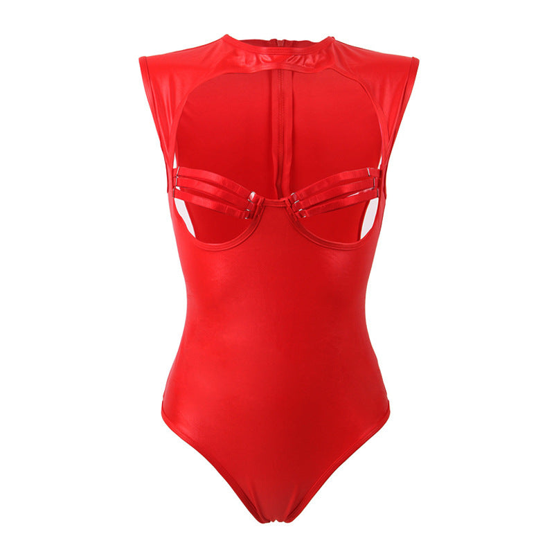 Plus Size Cutout Bodice Collared Teddy-Theone Apparel