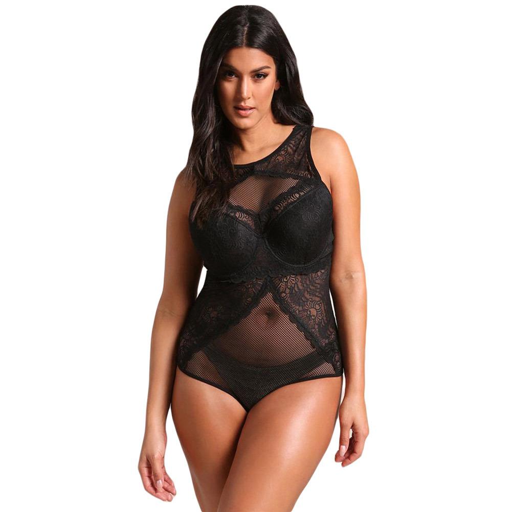 Plus Size Mesh & Lace Teddy Romper-Black-Theone Apparel