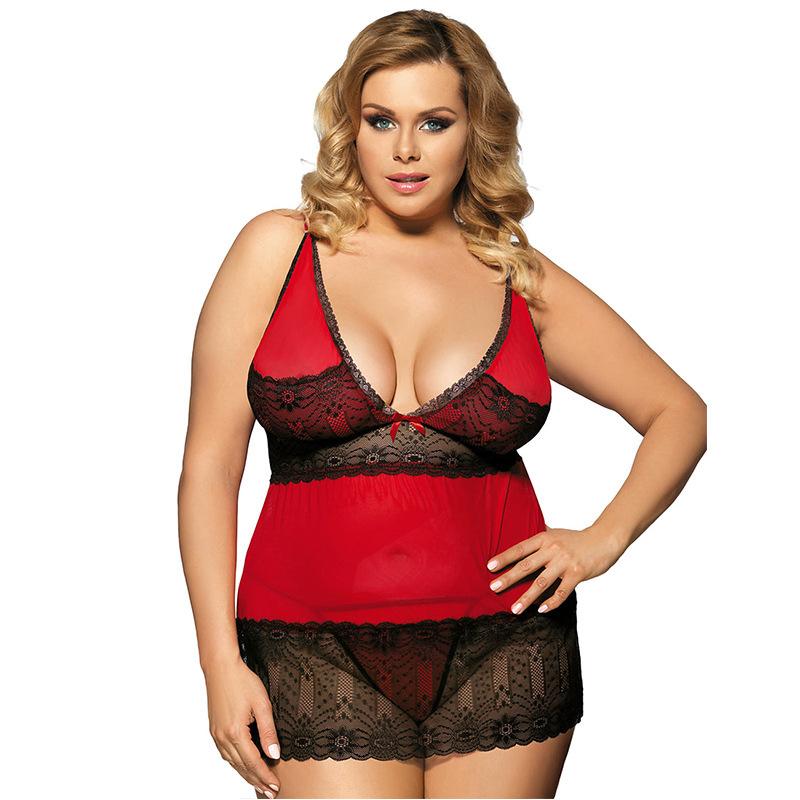 Plus Size Sheer Lace V-Neck Mini Dress-Red/Black-Theone Apparel