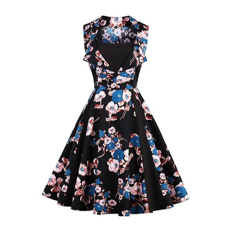 Polka Dot Pleats Retro Flair Dress-Black-Theone Apparel