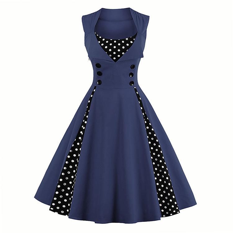 Polka Dot Pleats Retro Flair Dress-Dark Blue-Theone Apparel