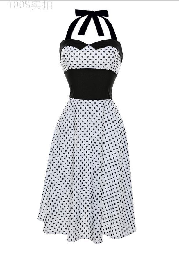Polka Dots and Pleats Halter Dress-White/Black-Theone Apparel