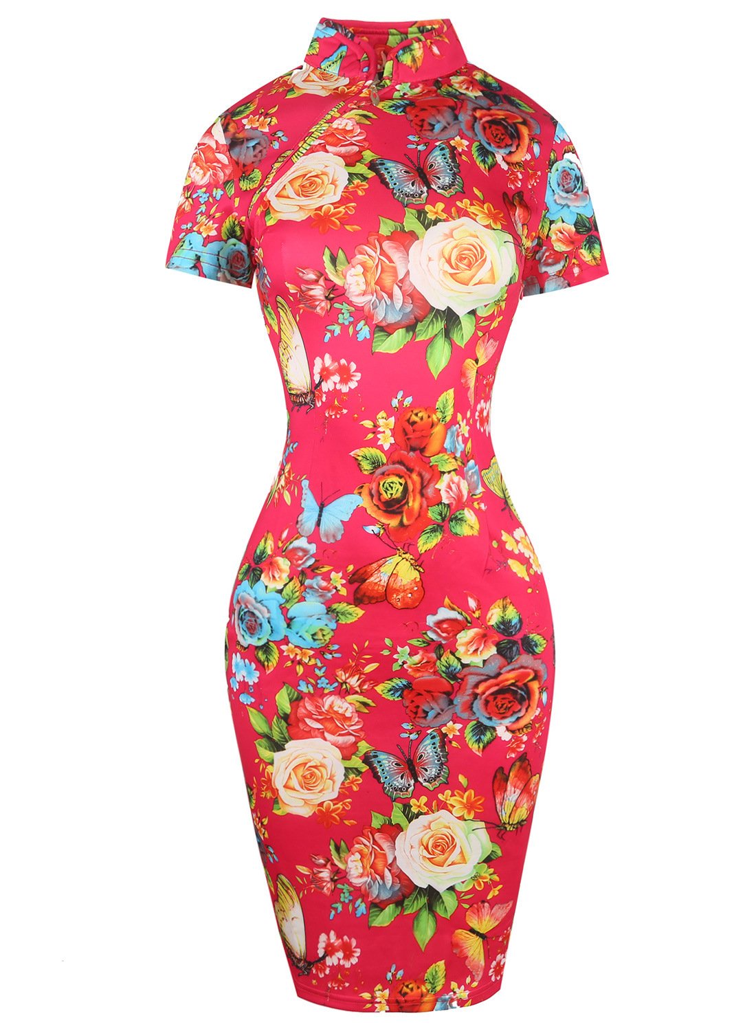 Vestido cheongsam floral con cuello mandarín