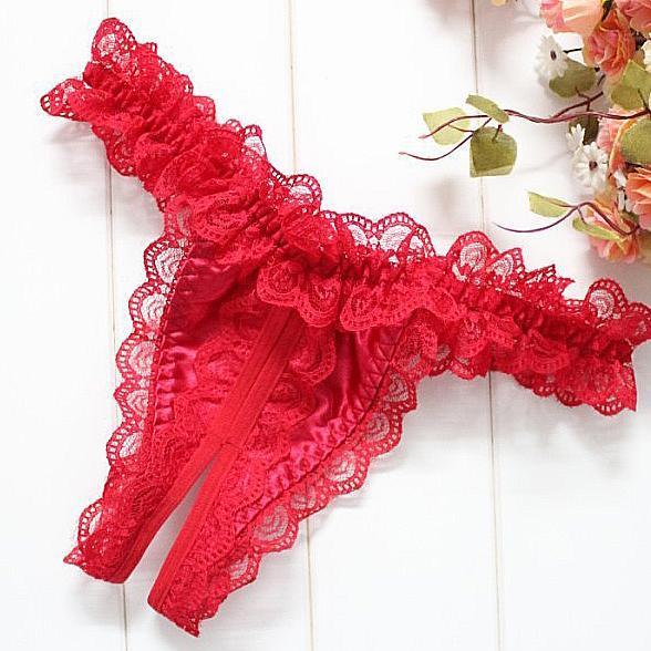 High-Waisted Ruffly Lace Crotchless Thong