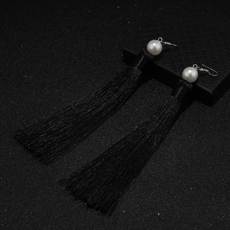 Red Tassel Pearl Drop Earrings-Black-Theone Apparel