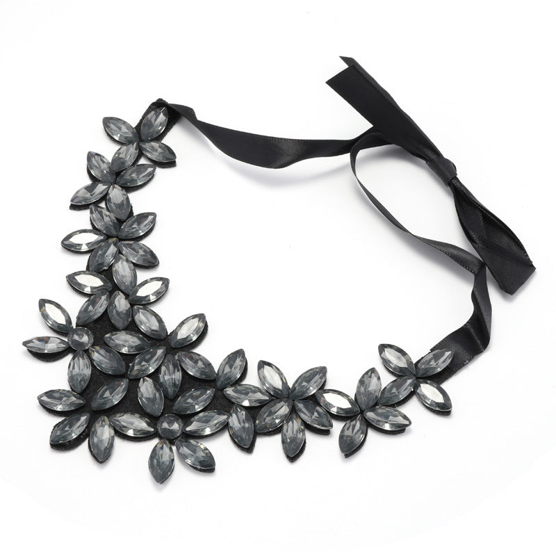 Rhinestone Floral Necklace-Black-Theone Apparel