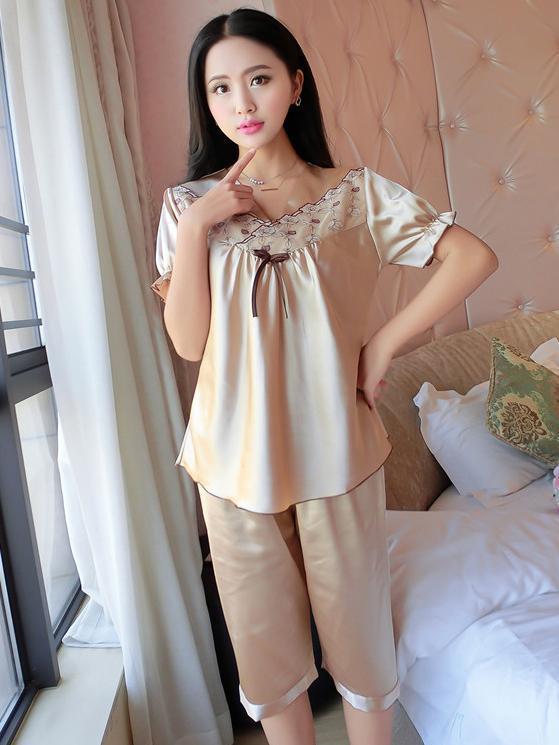 Short Sleeve Satiny Shorts PJ Set-Beige-Theone Apparel