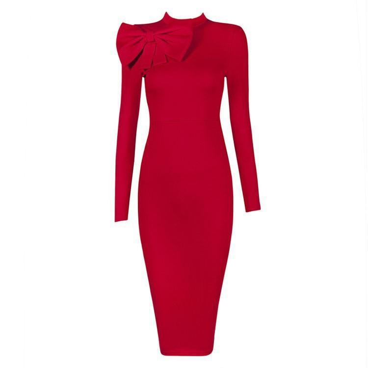 Shoulder Bow Long Bodycon Dress-Red-Theone Apparel