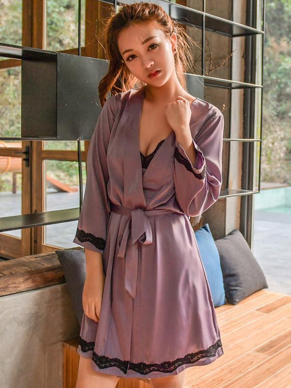Side Slit Nightdress with Robe-Light Grey-Theone Apparel