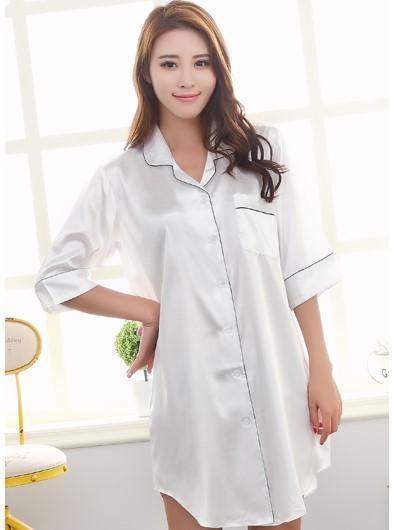 Silky Sleep Shirt with Piped Trim - Theone Apparel