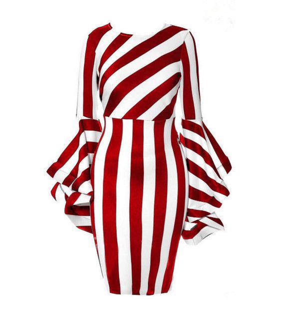 Striped Ruffle Bell Sleeve Dress-Red/White-Theone Apparel