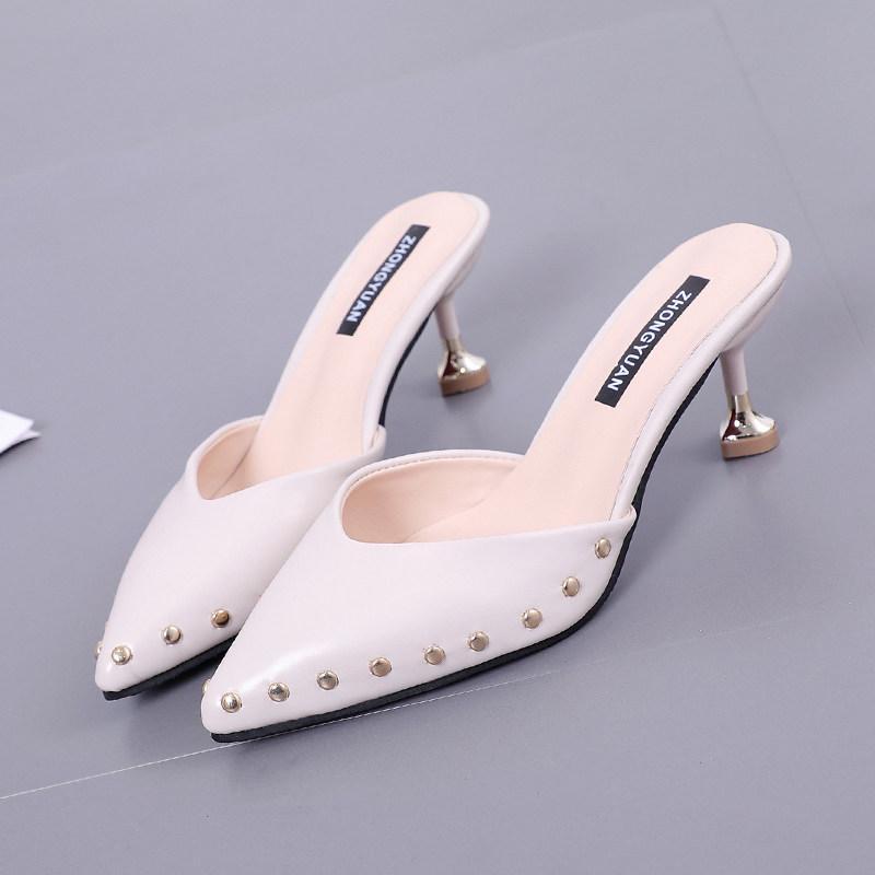 Stud Trim Statement Kitten Heels-Beige-Theone Apparel