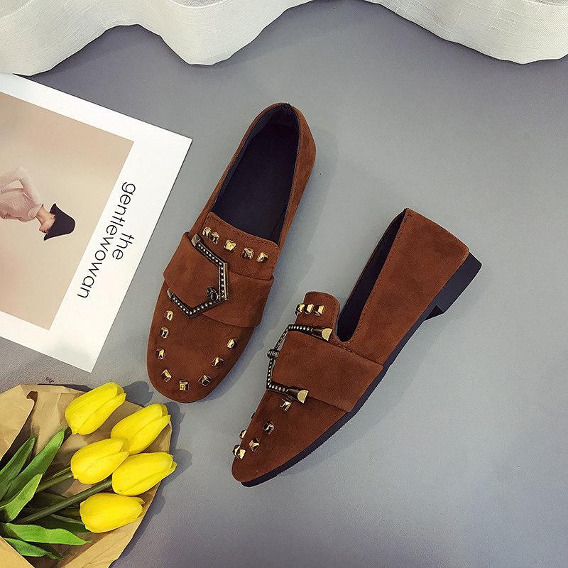 Studded Up Buckle Front Loafers-Brown-Theone Apparel