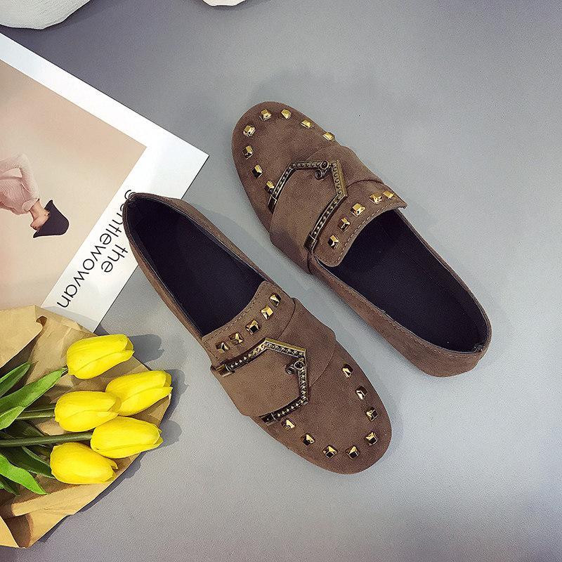 Studded Up Buckle Front Loafers-Khaki-Theone Apparel