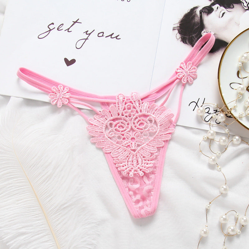 Transparent Embroidered Lace Style Cutout Thongs-Pink-Theone Apparel