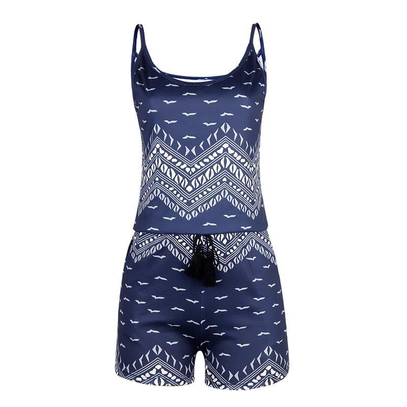 Tribal Print Tassel Tie Romper-Dark Blue-Theone Apparel