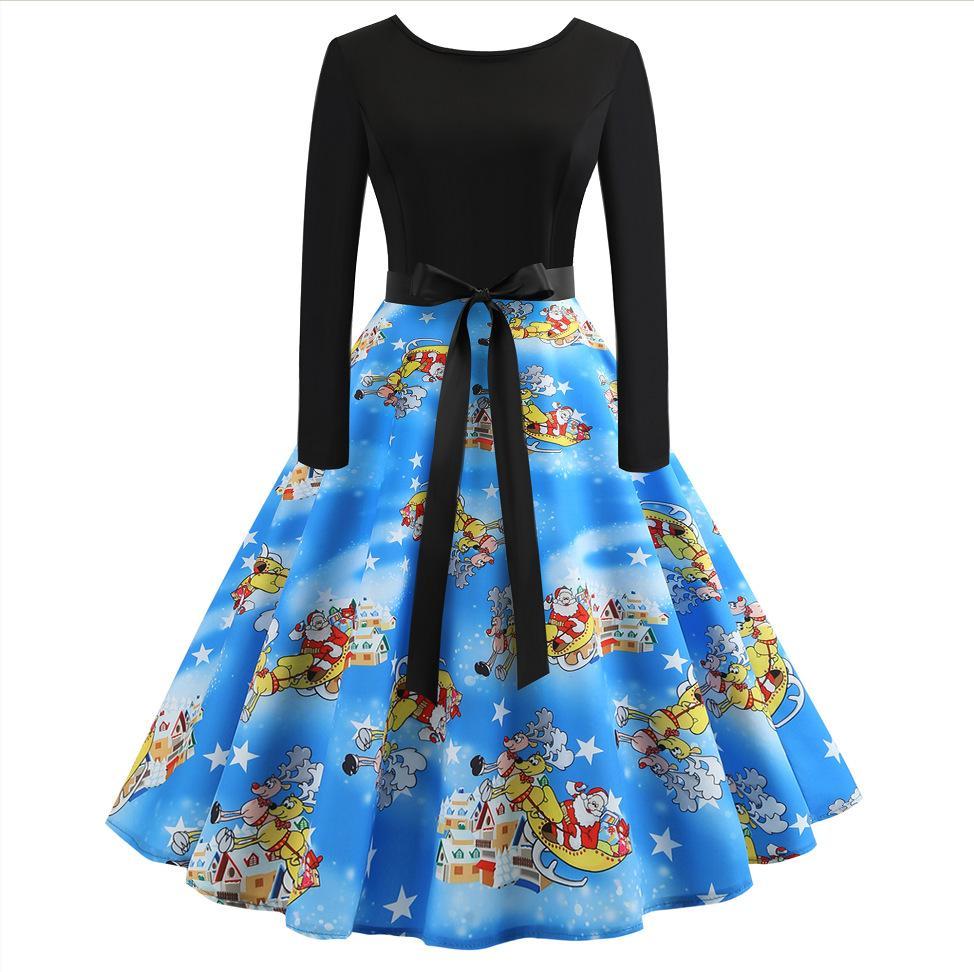 Waist Tie Holiday Print A Line Dress-Light Blue-Theone Apparel