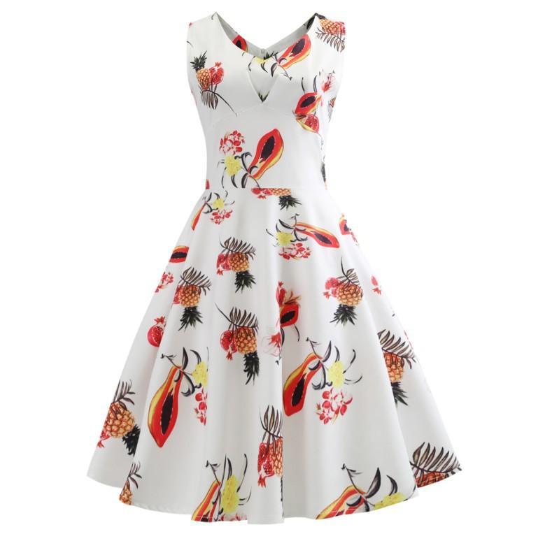 Fruit Print Pleat Front A Line Dress